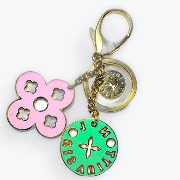 Auth Louis Vuitton Goldtone Key Ring Purse Accent Pink Green Preloved Bag Charm - Picture 13 of 14